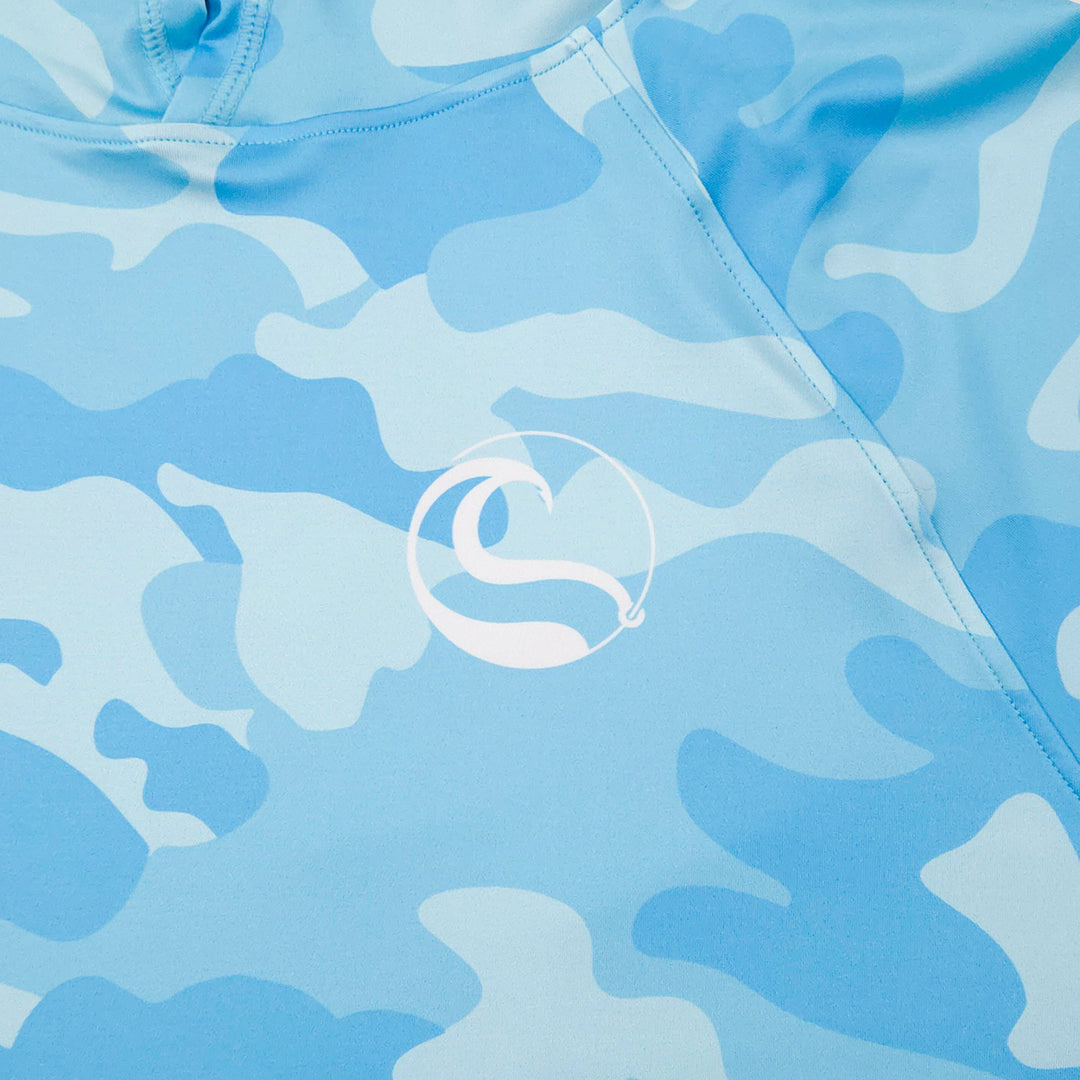 White HOOKSTER wave logo on the left chest of the Aqua Recon UPF 50+ UV hoodie