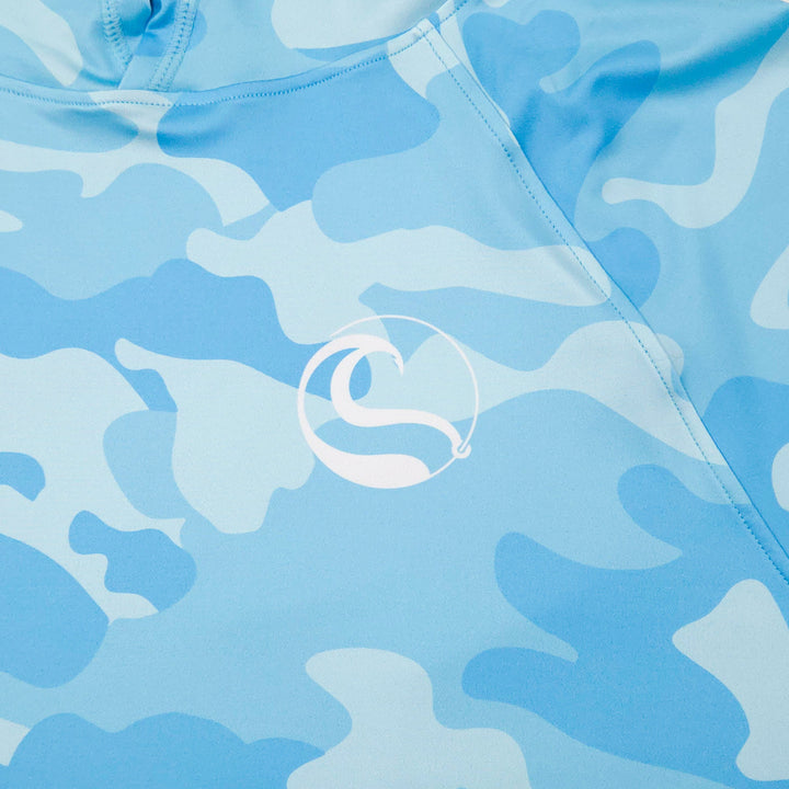 White HOOKSTER wave logo on the left chest of the Aqua Recon UPF 50+ UV hoodie