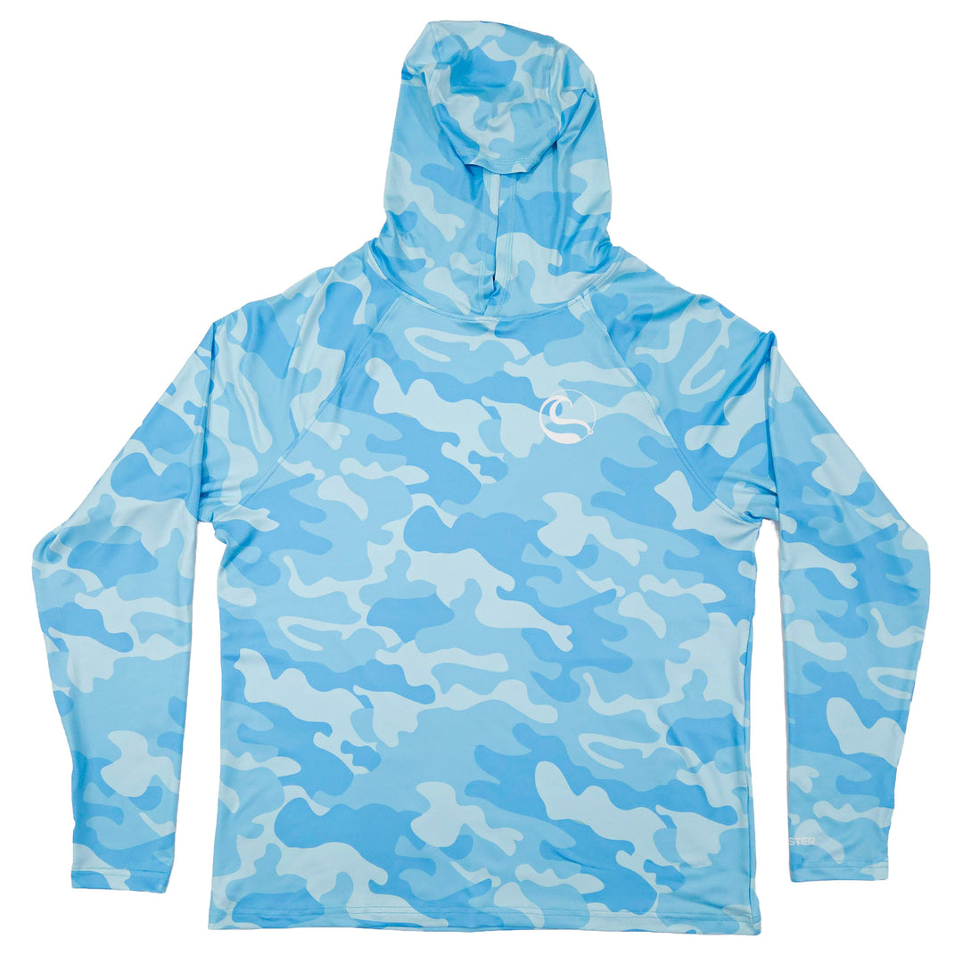 HOOKSTER Aqua Recon men's UPF 50+ UV hoodie in aqua and white camo, front view