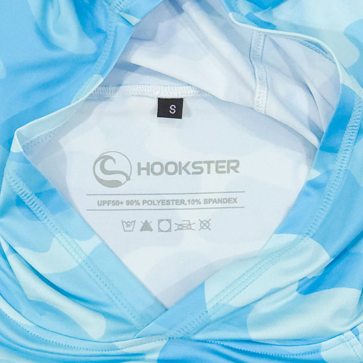 Inside neck label of the Aqua Recon UPF 50+ UV hoodie: UPF 50+, 90% polyester, 10% spandex