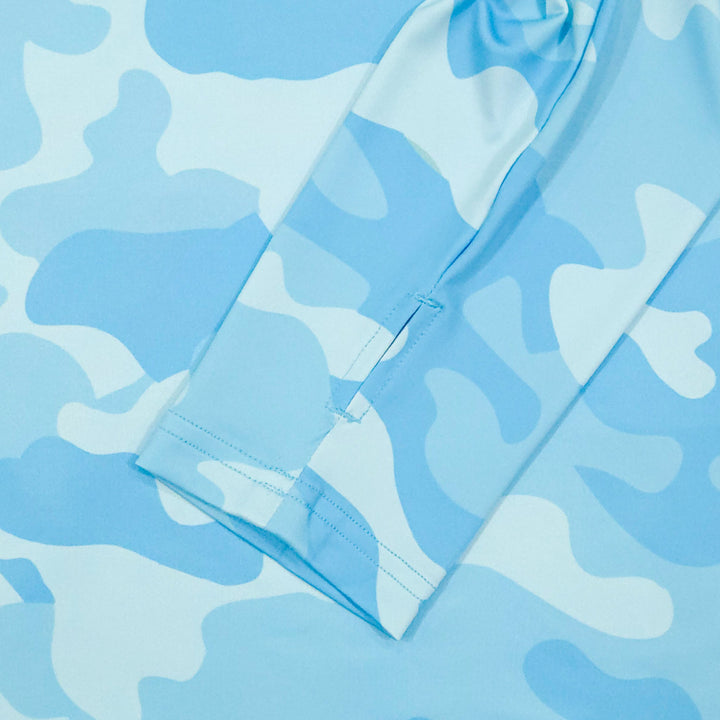 Thumbhole cuff on the Aqua Recon UPF 50+ UV hoodie in aqua and white camo