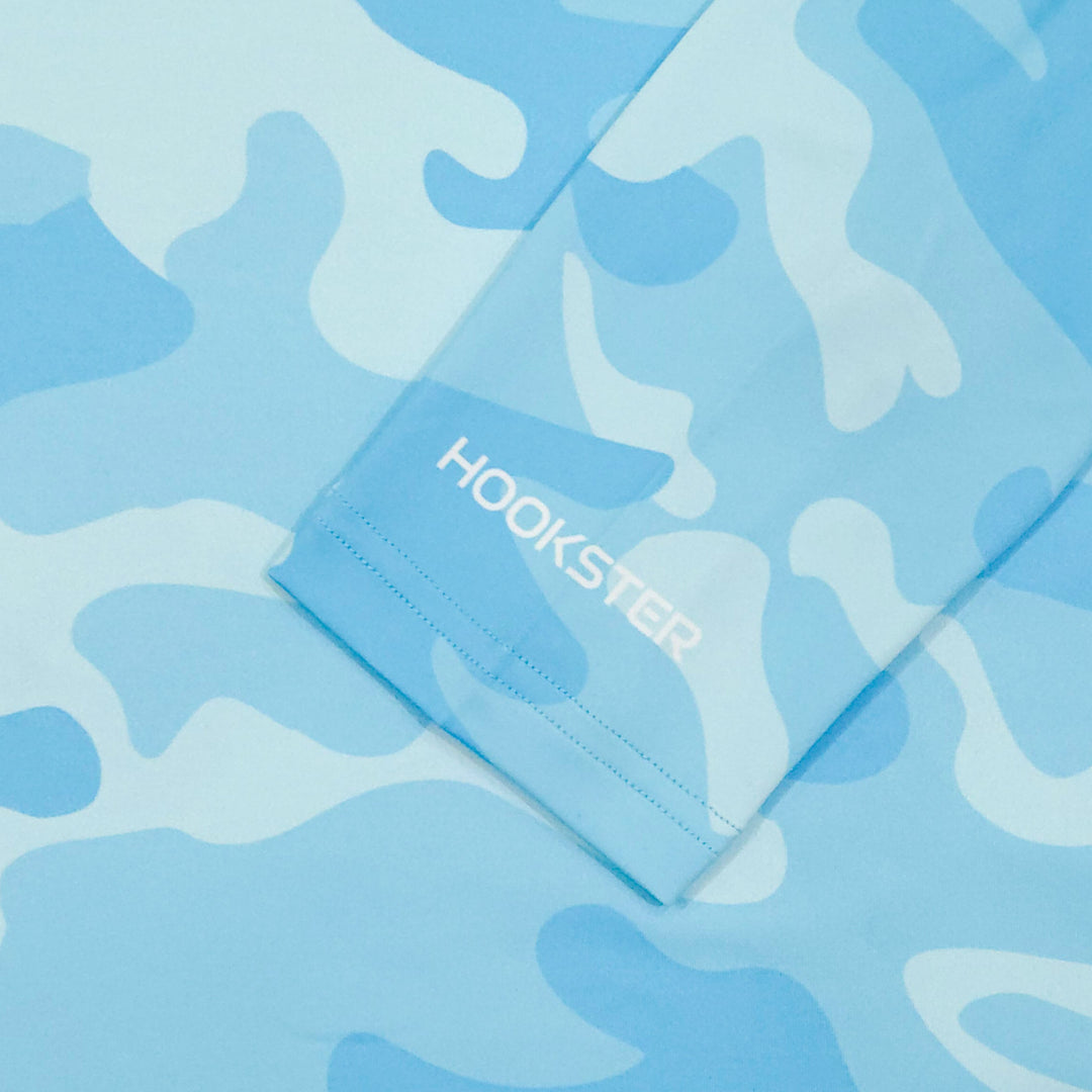 HOOKSTER logo on the sleeve cuff of the Aqua Recon UPF 50+ UV hoodie