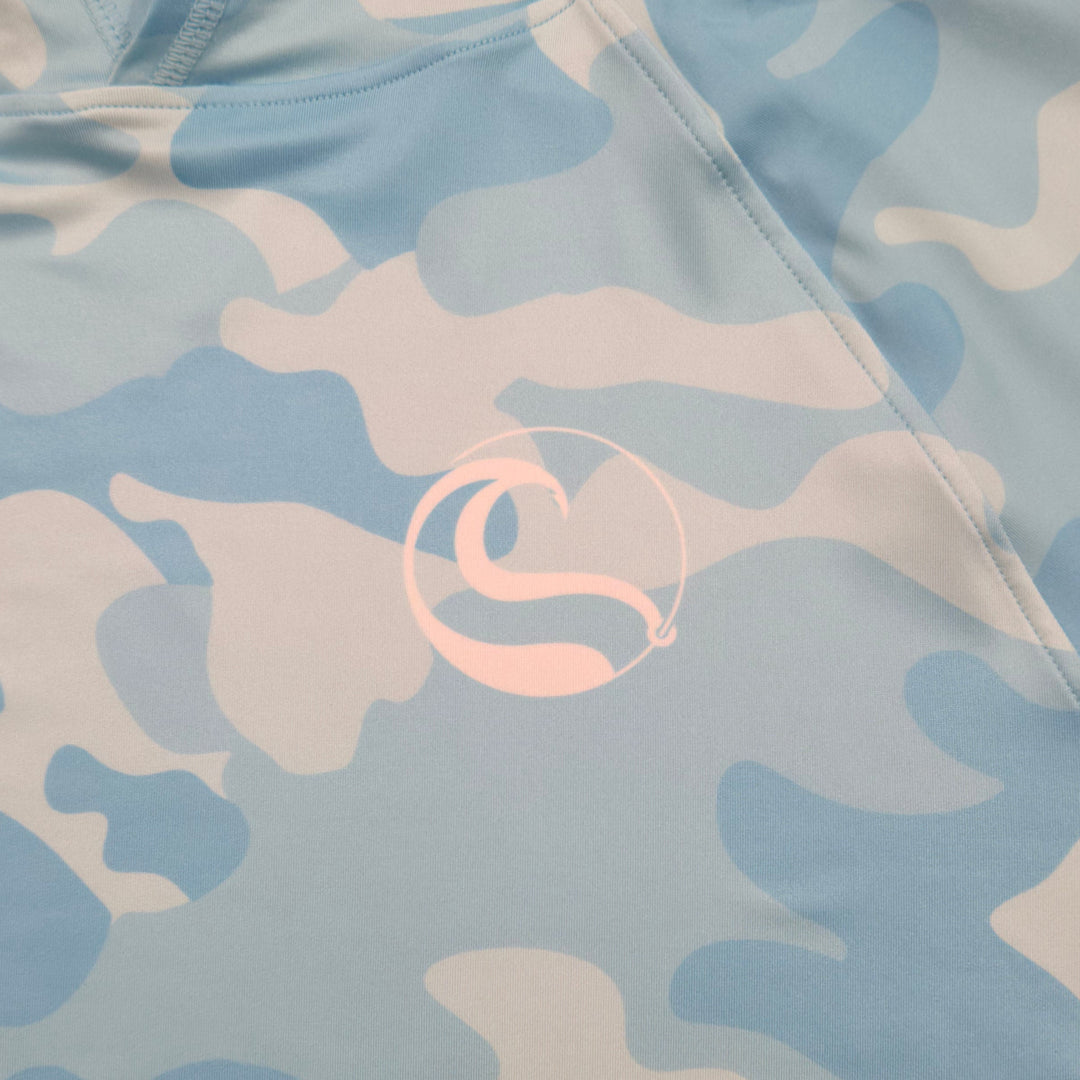 Tonal HOOKSTER wave logo on the left chest of the Aqua Recon UPF 50+ UV hoodie