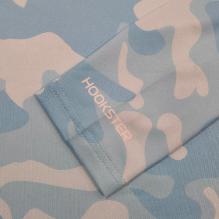 HOOKSTER logo on the sleeve cuff of the Aqua Recon UPF 50+ UV hoodie