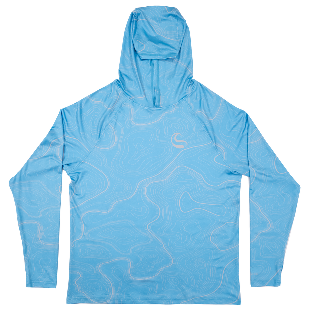 HOOKSTER Depth Lines men's UPF 50+ UV hoodie in sky blue with gray topographic contour lines, front view