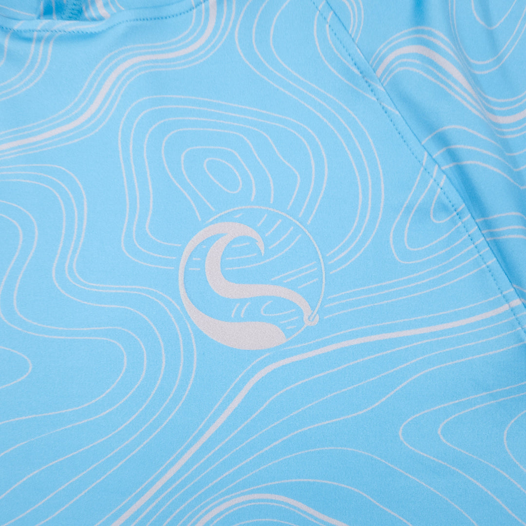 Gray HOOKSTER wave logo on the left chest of the Depth Lines UPF 50+ UV hoodie