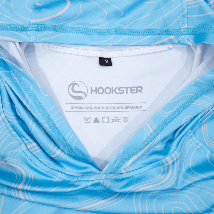 Inside neck label of the Depth Lines UPF 50+ UV hoodie: UPF 50+, 90% polyester, 10% spandex
