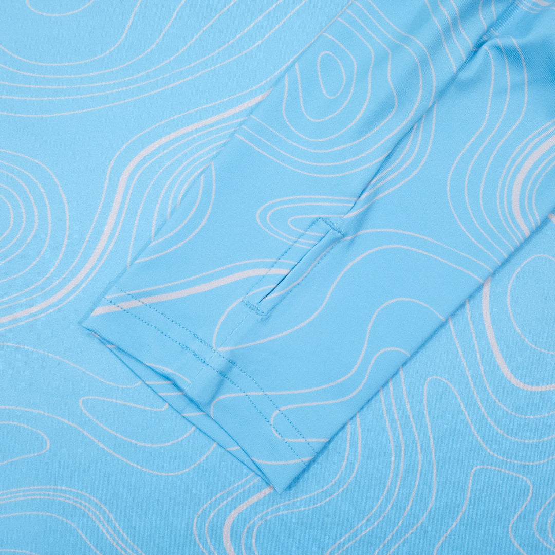 Thumbhole cuff on the Depth Lines UPF 50+ UV hoodie in sky blue with gray topographic contour lines