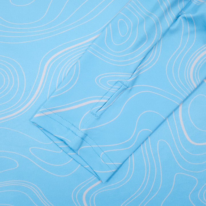 Thumbhole cuff on the Depth Lines UPF 50+ UV hoodie in sky blue with gray topographic contour lines