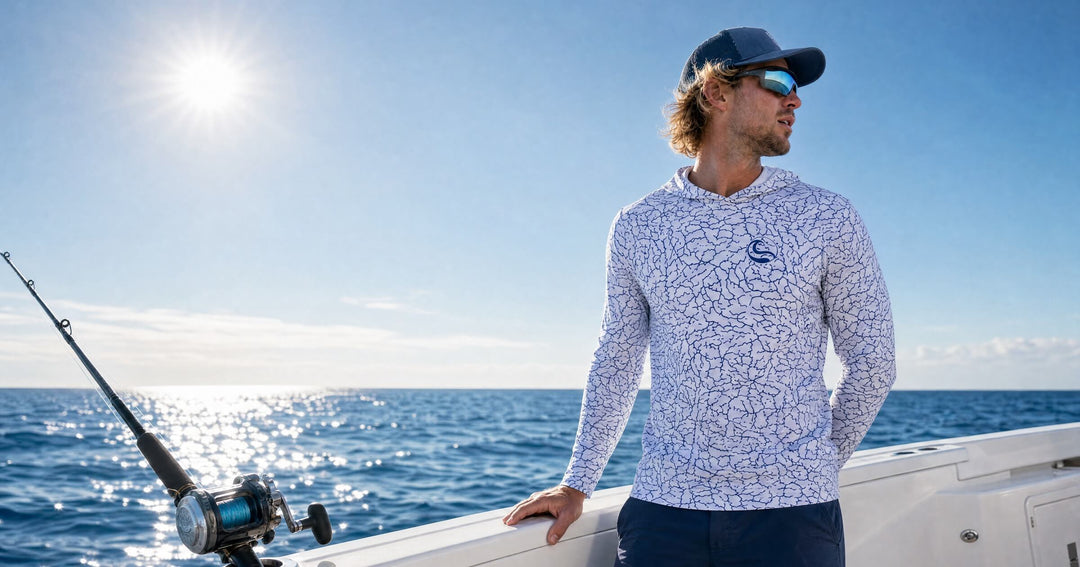Angler at the gunwale of a center console boat offshore in the HOOKSTER Tide Trace UPF 50+ UV hoodie, sun over open water