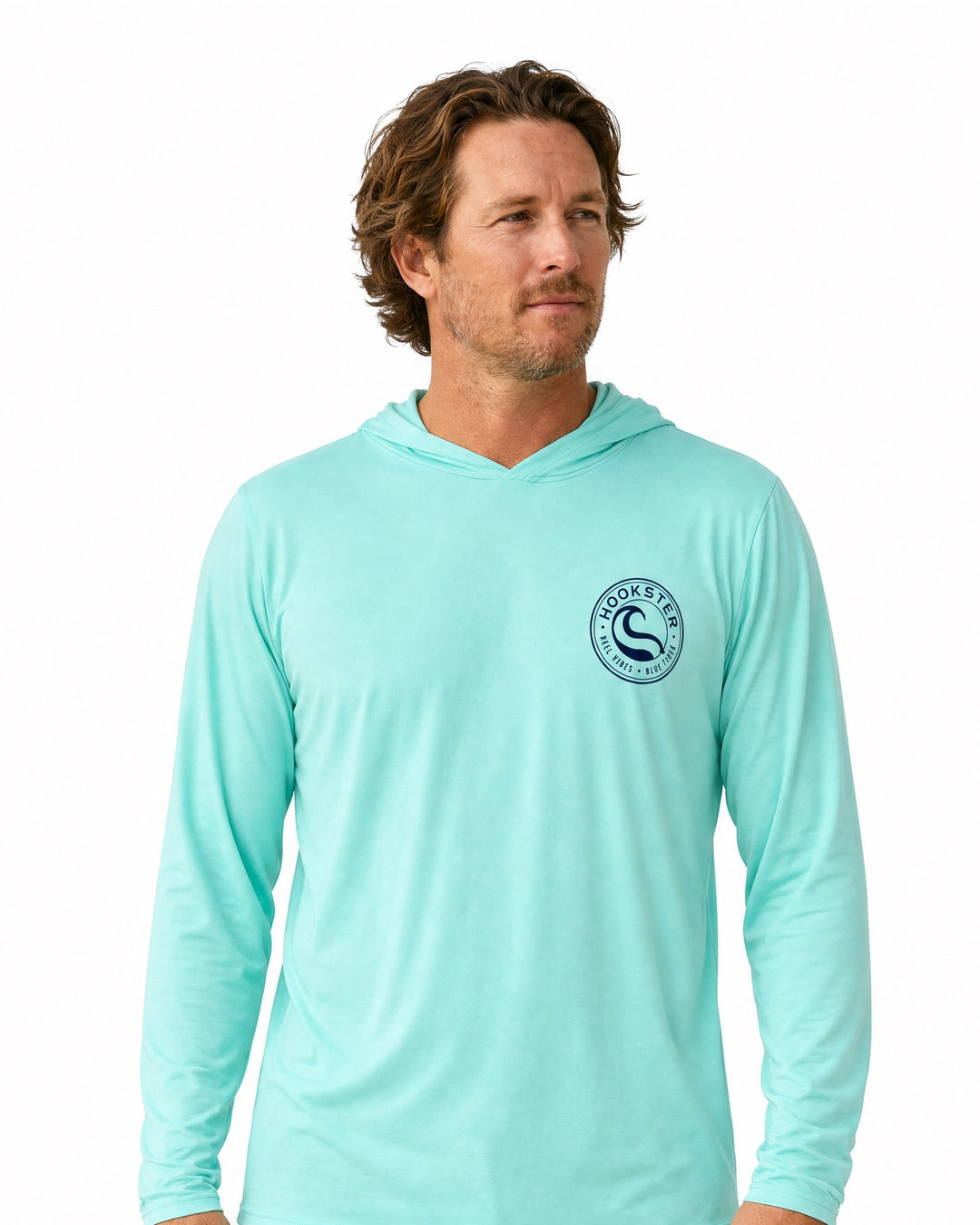 Hookster Inshore UPF 50+ UV hoodie in mint green, worn by a model