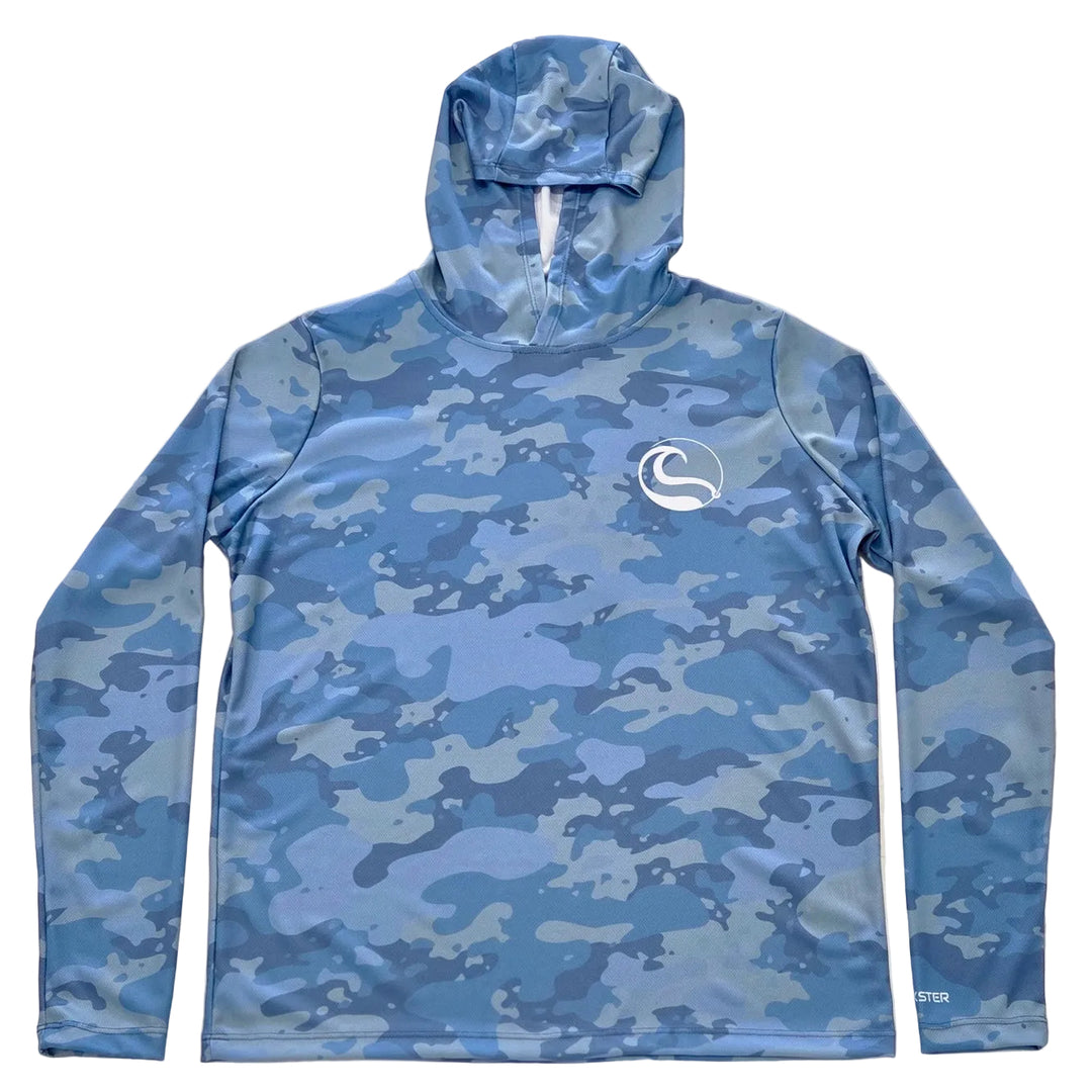 Offshore Camo Men's UV Hoodie in blue camo print, flat lay front view showing hood, long sleeves, and Hookster wave logo on chest