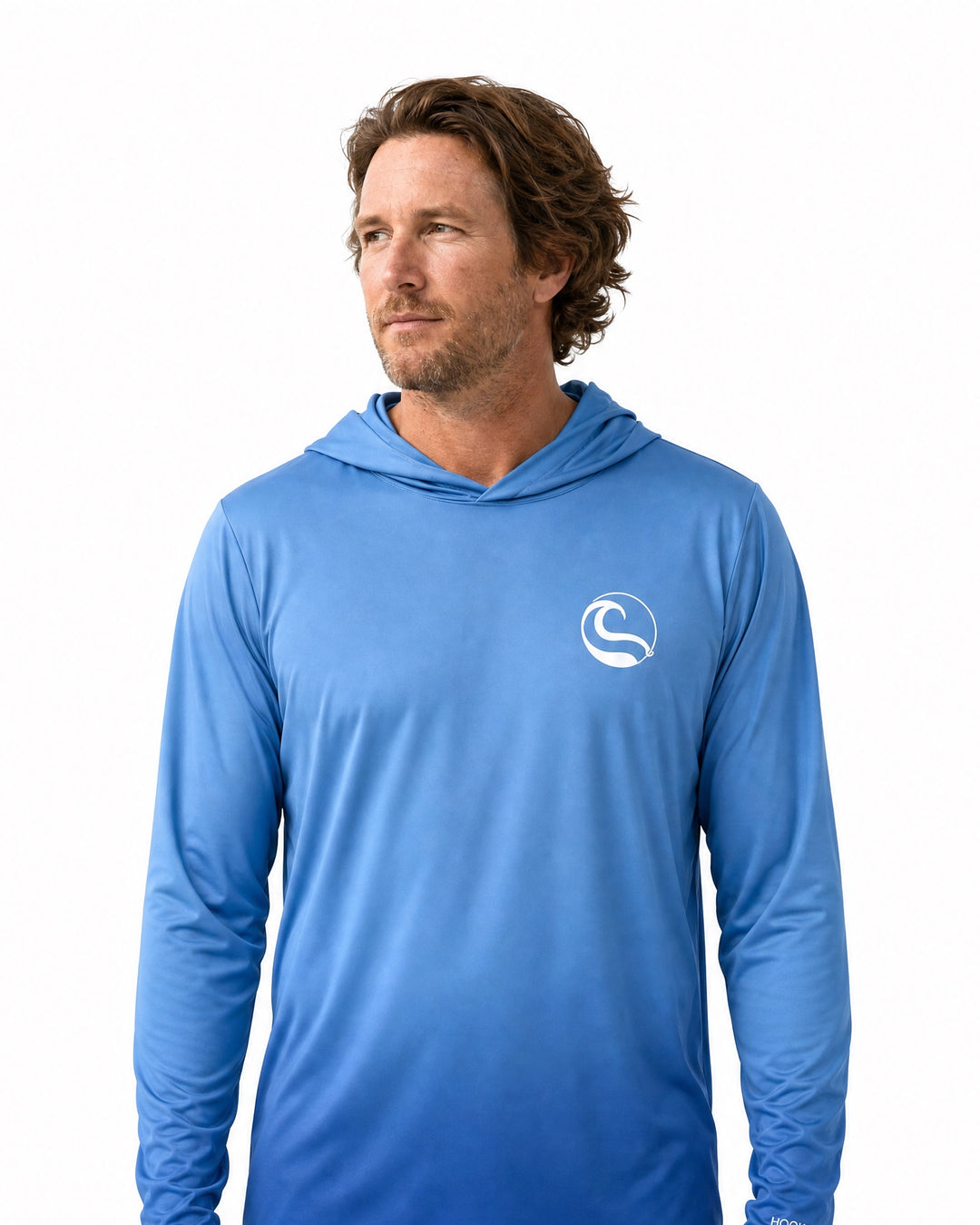 Hookster Open Water UPF 50+ UV hoodie in blue, worn by a model
