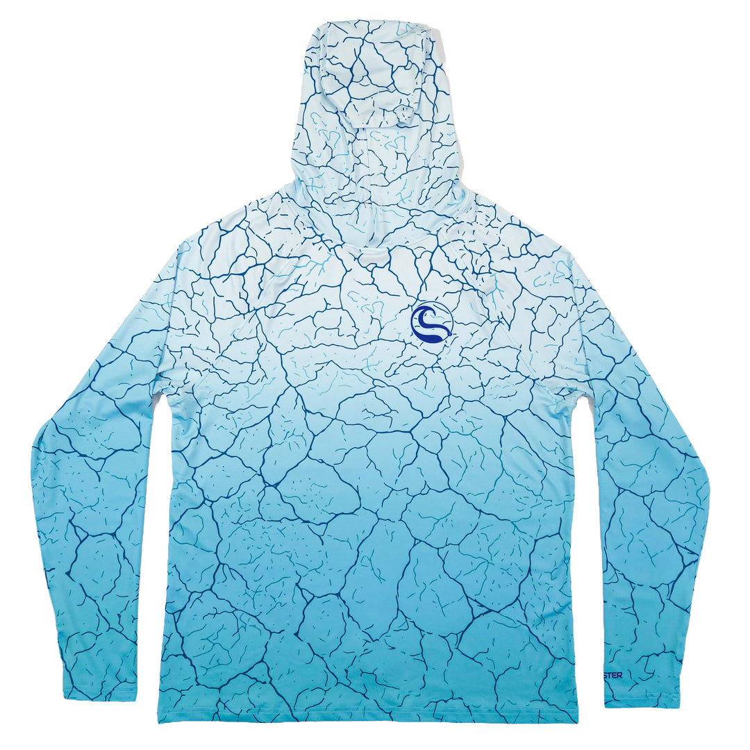 HOOKSTER Reef Fade men's UPF 50+ UV hoodie, white fading to aqua with a navy cracked-earth print, front view