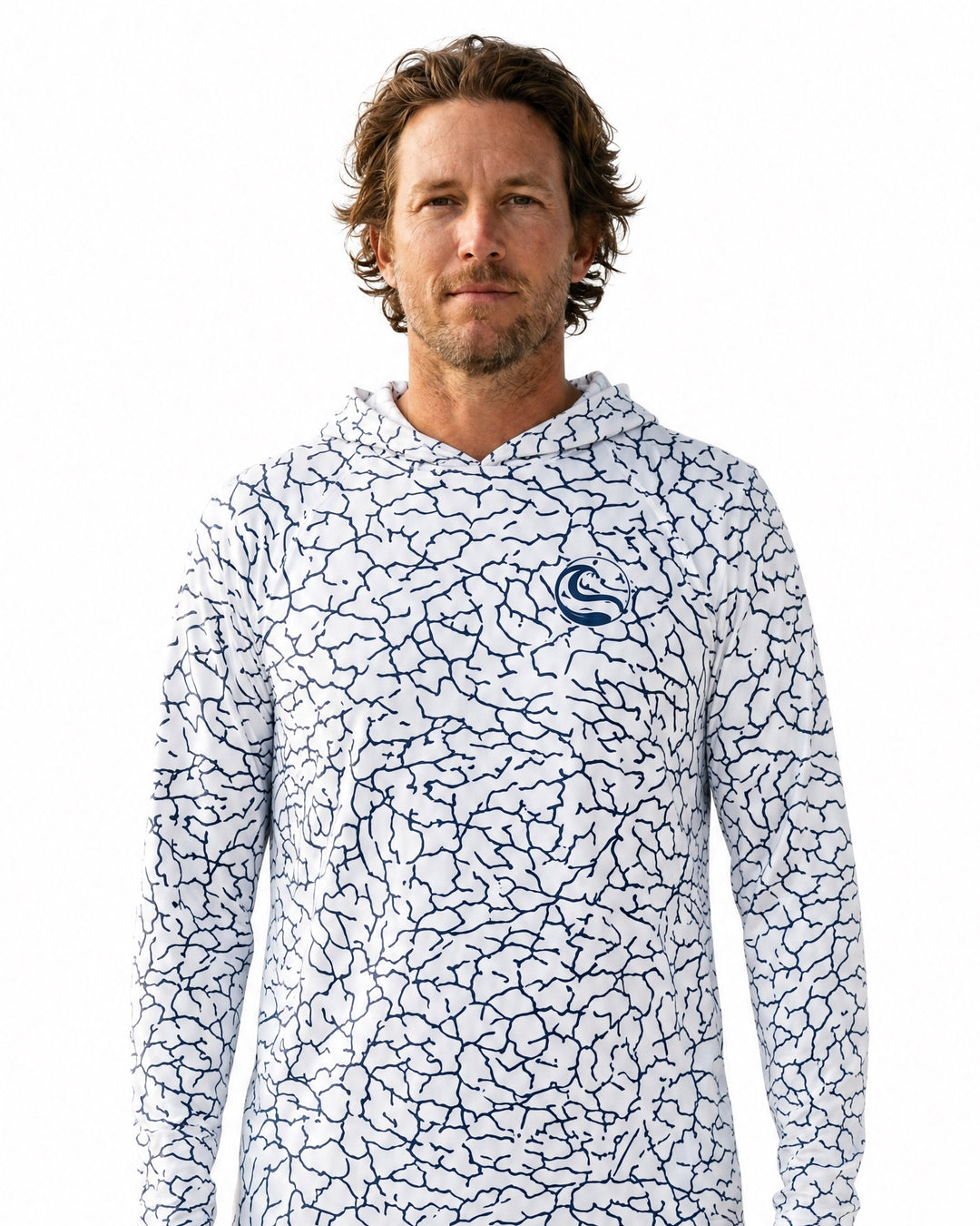 Hookster Salt Line UPF 50+ UV hoodie in navy print, worn by a model