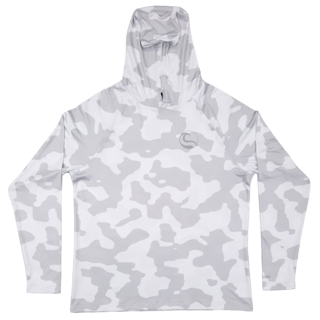 HOOKSTER Shadow Camo men's UPF 50+ UV hoodie in light gray and white camo, front view