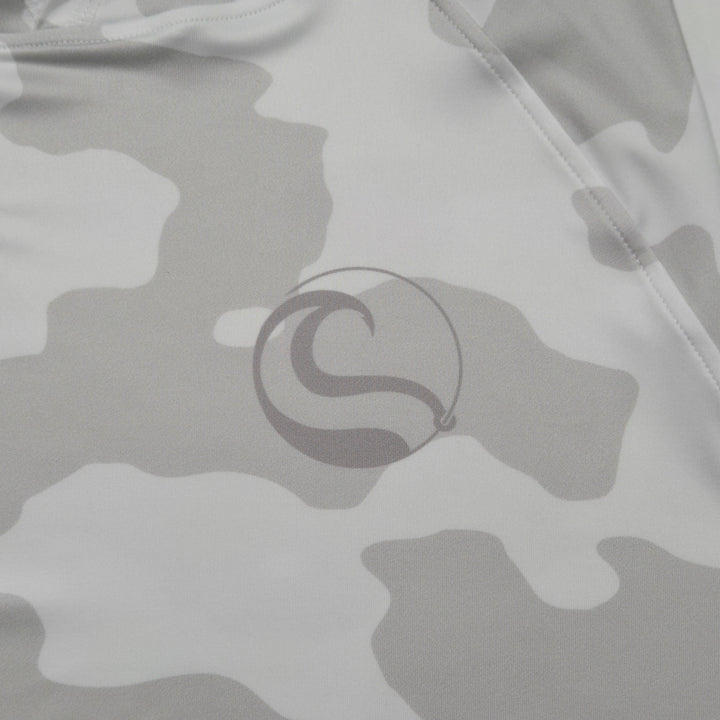 Tonal HOOKSTER wave logo on the left chest of the Shadow Camo UPF 50+ UV hoodie