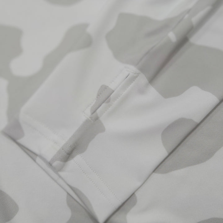 Thumbhole cuff on the Shadow Camo UPF 50+ UV hoodie in light gray and white camo