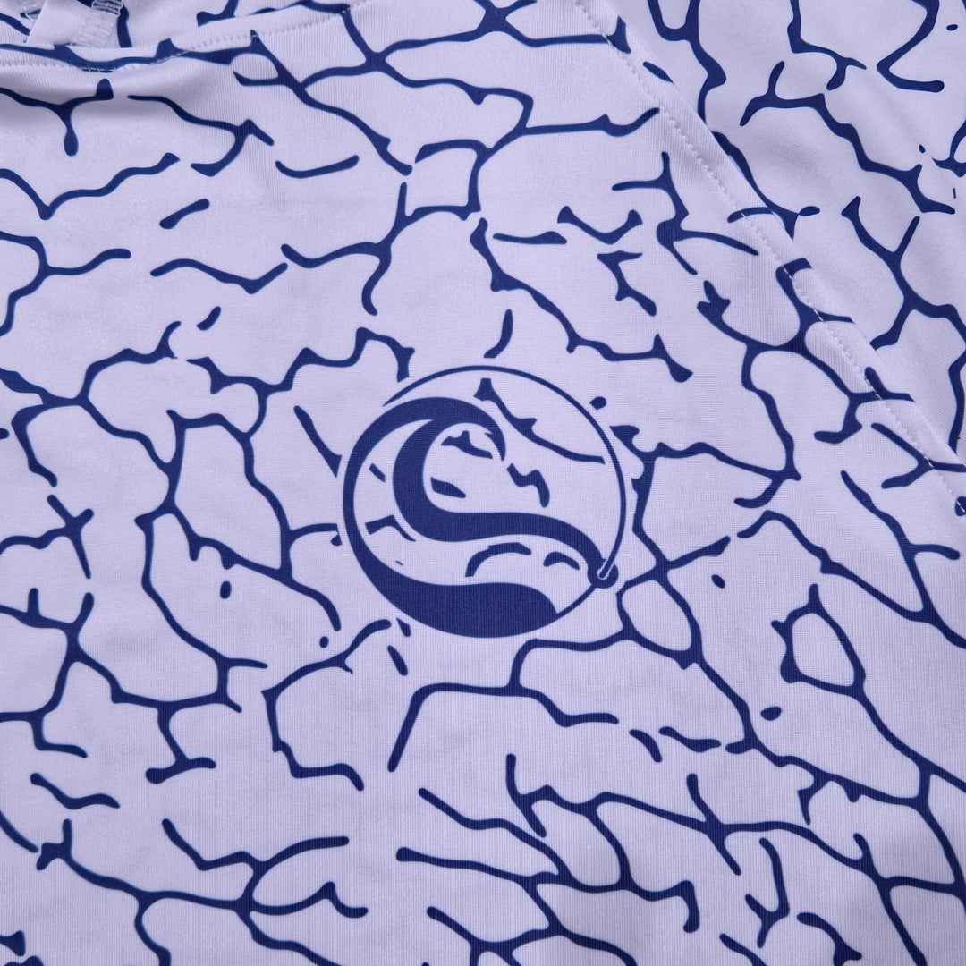 Navy HOOKSTER wave logo on the left chest of the Tide Trace UPF 50+ UV hoodie