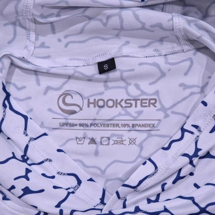 Inside neck label of the Tide Trace UPF 50+ UV hoodie: UPF 50+, 90% polyester, 10% spandex