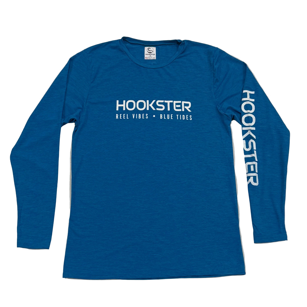 Blue long-sleeve uv shirt with 'HOOKSTER' branding 