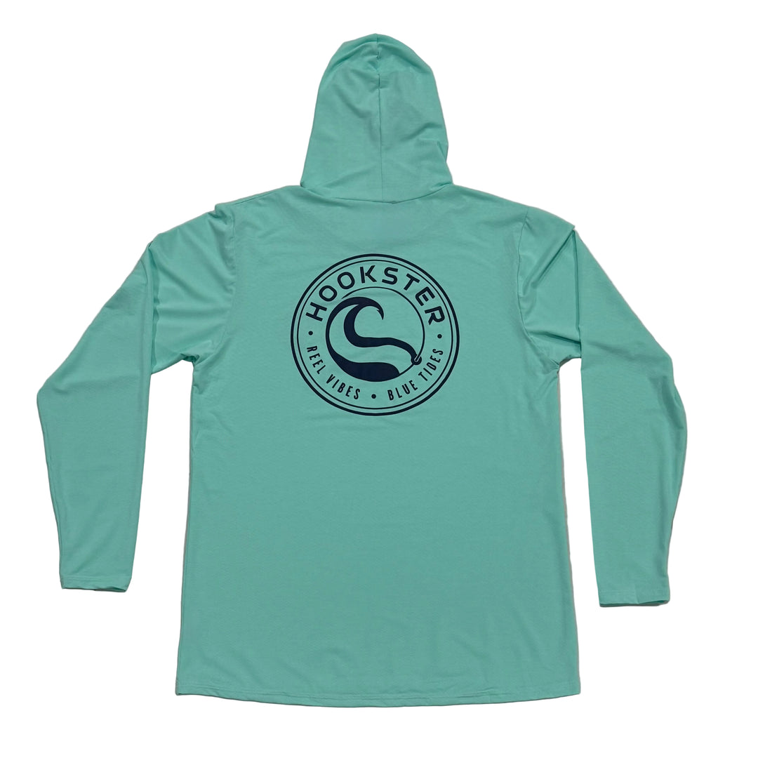 Teal uv hoodie with a logo on the back, 
