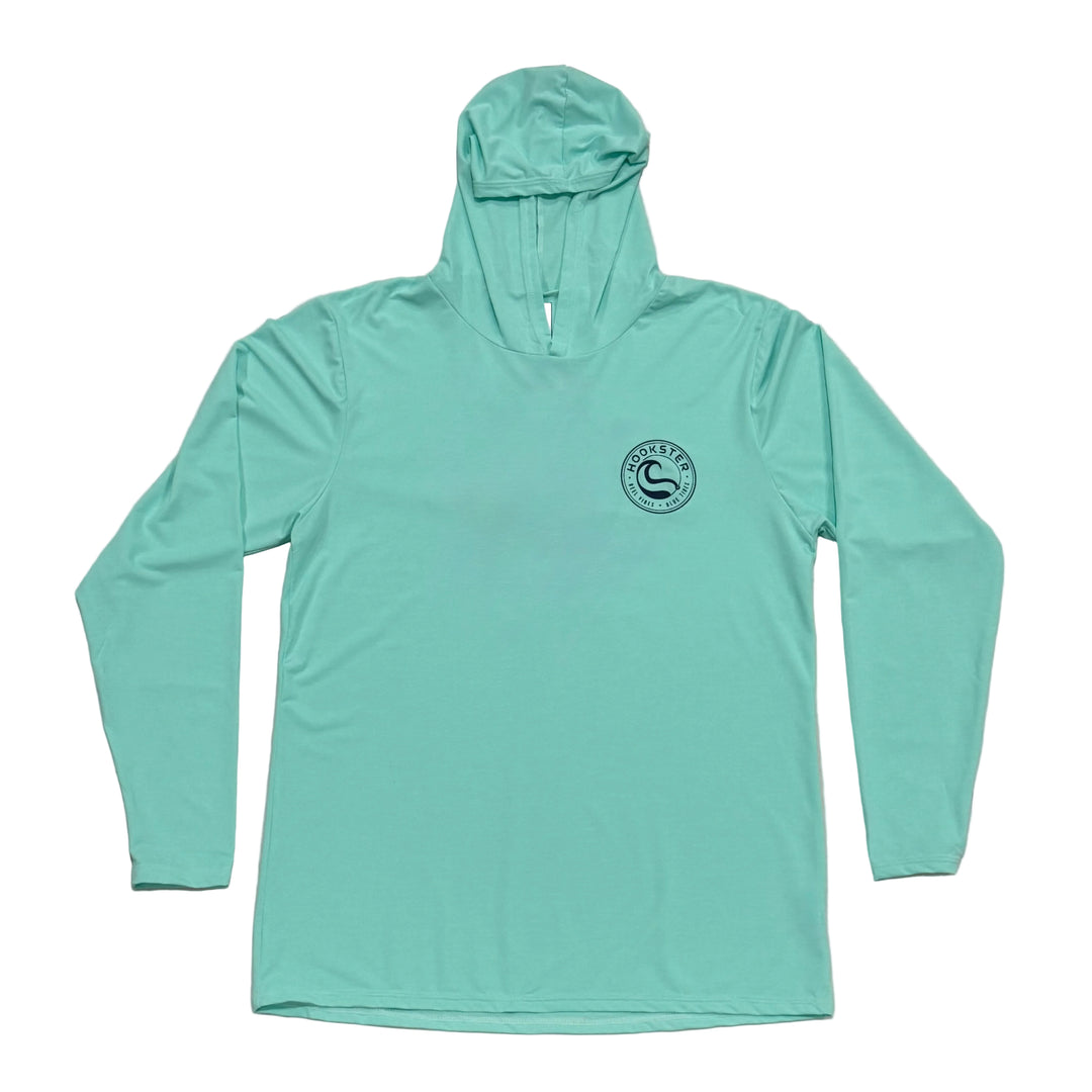 Teal uv hoodie with a logo on a front 