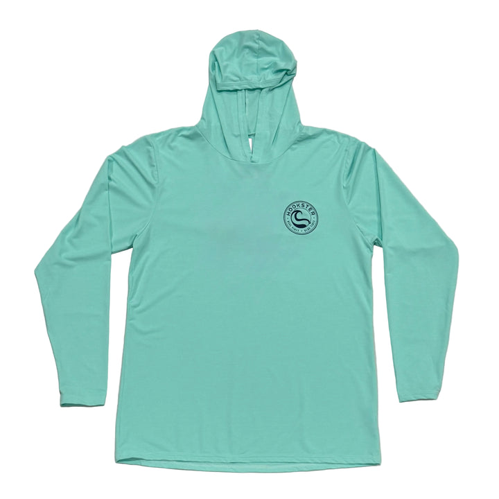 Teal uv hoodie with a logo on a front 