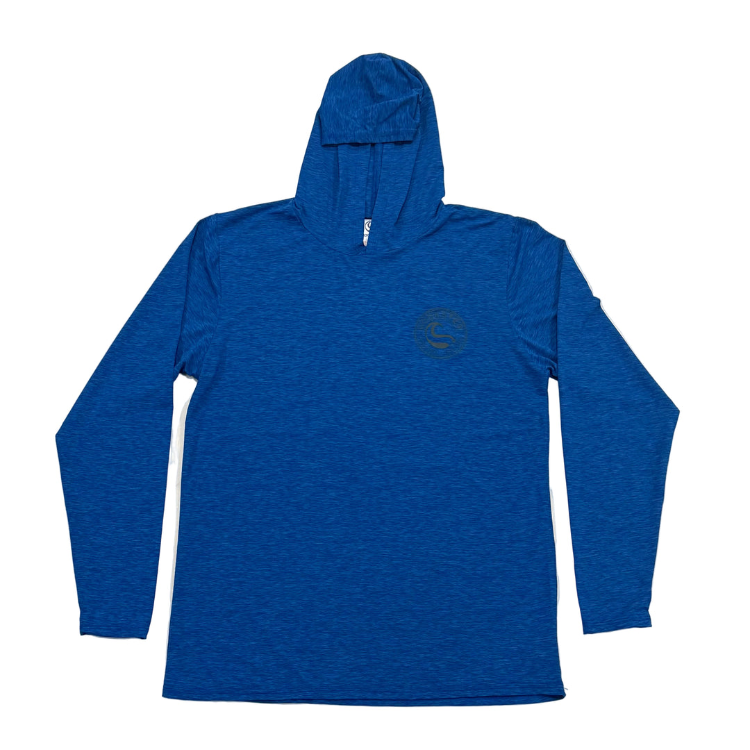 Blue uv hoodie with a logo on front chest 