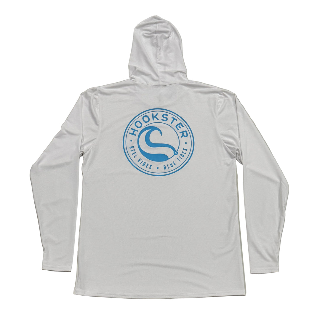 A white hooded long-sleeve uv shirt shown from the back, featuring a circular blue 'Hookster' logo printed on the upper back.